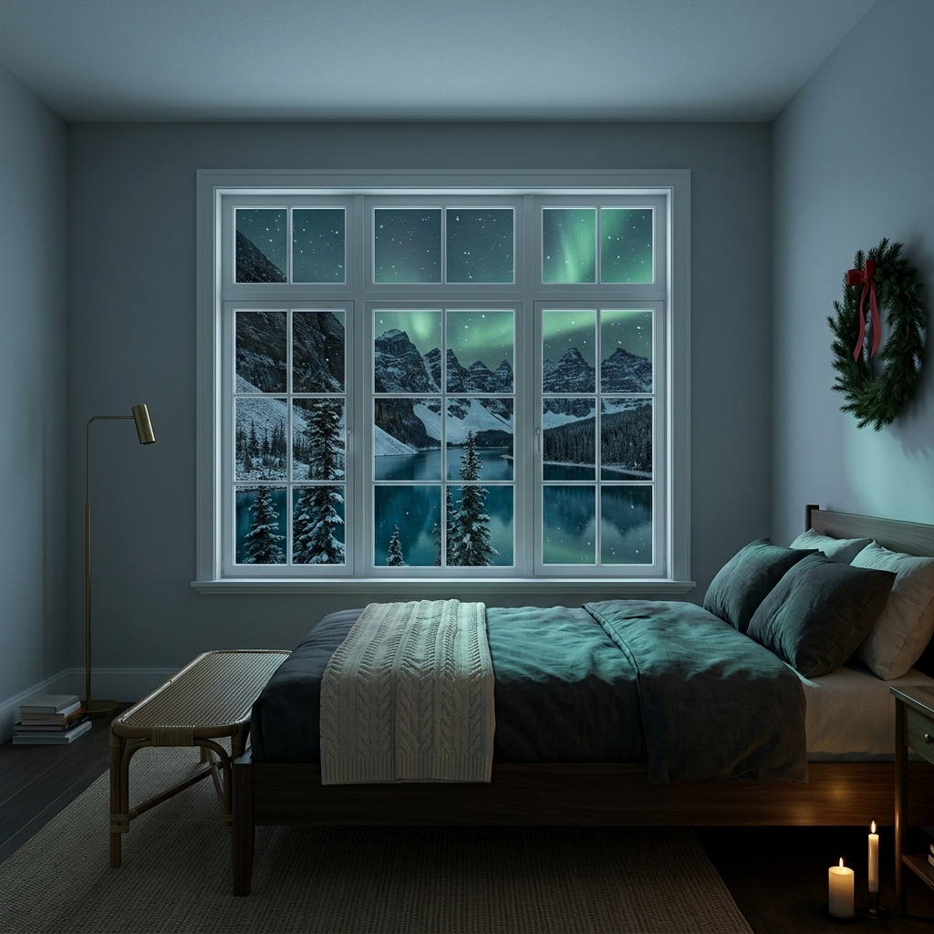 Mountain lake and aurora on a bedroom wall